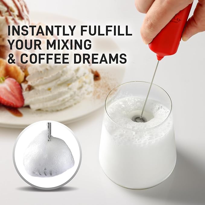 Mini & Mighty Milk Frother Wand – Powerful Handheld Coffee Frother, Battery Operated Drink Mixer – Compact Pocket Size – Detachable Whisk for Latte, Cappuccino, Matcha, Hot Chocolate – Red