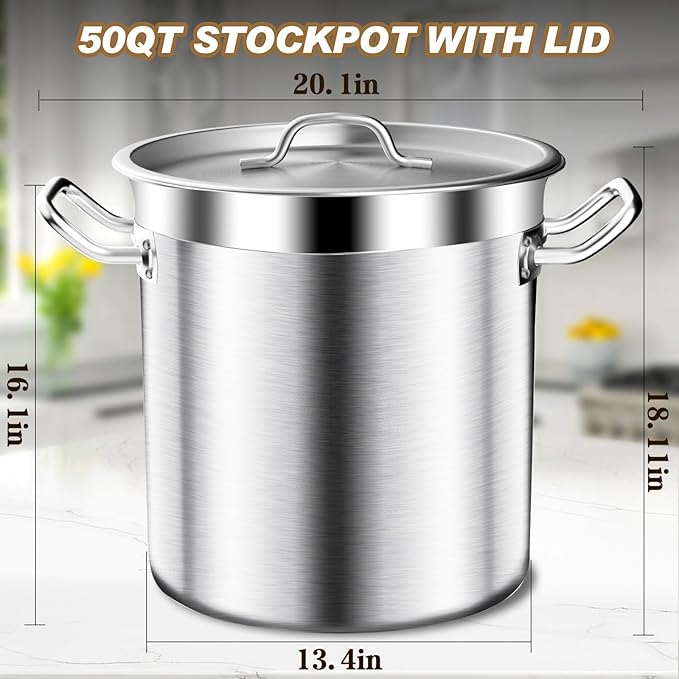 Stock Pot - 50QT Large Soup Pot with Lid - Heavy Duty Induction Tri-Ply Bottom Commercial Grade Stockpot for Boiling Cooking Soup Stew Pasta Cooking Pots, Deep Cookware