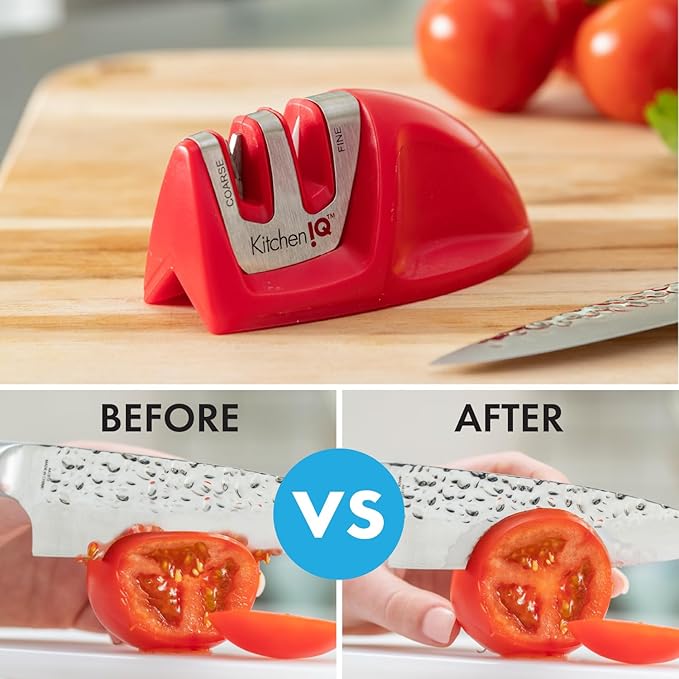 KitchenIQ 51421 | Edge Grip 2-Stage Knife Sharpener | Red – 3 Pack | Coarse & Fine Sharpener | Compact for Easy Storage | Stable Non-Slip Base | Soft Grip Rubber Handle | Straight & Serrated Knives