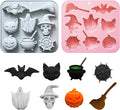 Halloween Chocolate Molds,2PCS Halloween Silicone Mold-Ghost,Pumpkin,Bat,Skull Witch Hat,Spider Web,Broom,Cat,Medicinal Liquid,Non-Stick 3D Baking Candy Mold Set for Jelly Gummy Cookies Pudding Cake