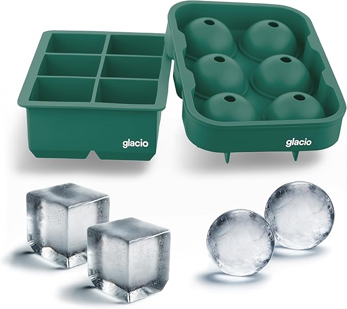 glacio Silicone Ice Cube Trays – Large Silicone Molds for 2-Inch Ice Cubes and Spheres Whiskey Ice Cube Trays with Lids for Cocktails & Bourbon – Set of 2