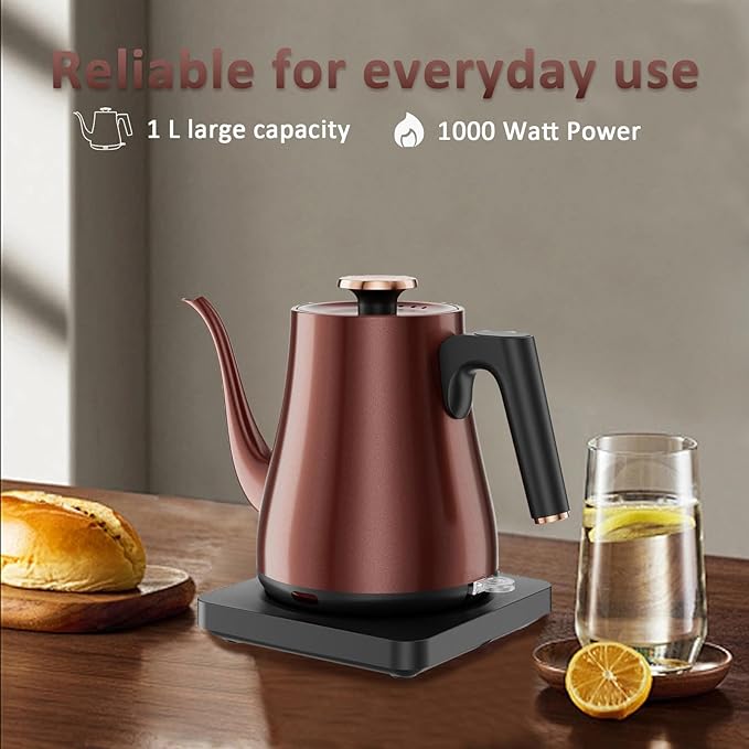 Gooseneck Electric Kettle 1.0L, 1000W Rapid Boil In 4 Min, Stainless Steel Tea Kettle, Pour Over Coffee Kettles For Office/Tea/Travel/Kitchen, Auto Shut-Off, Vintage Copper Color, BPA-Free