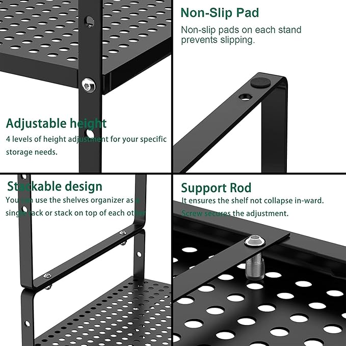 iPEGTOP 3 Pack Large Expandable Cabinet Storage Shelf, Heavy Duty Stackable Steel Metal Spice Rack Adjustable Height Home Office Pantry Garage Shelves for Counter Kitchen Organization, Black