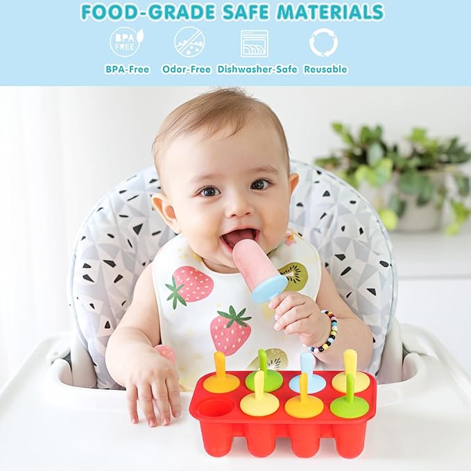 Miaowoof Silicone Popsicles Molds for Toddlers, 8-Cavity Non-BPA Premium Silicone Small Popsicle Molds, Ice Pop Mold with 8 Colorful Reusable Sticks for Kids (Red)