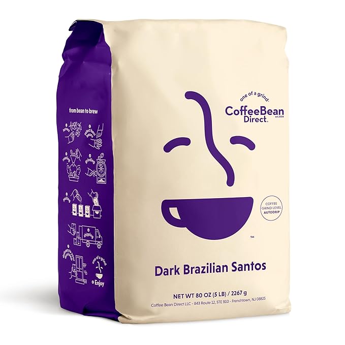 Coffee Bean Direct Dark Brazilian Santos, Ground Coffee, Dark Roast, 5 Pound Bag (Pack of 1)