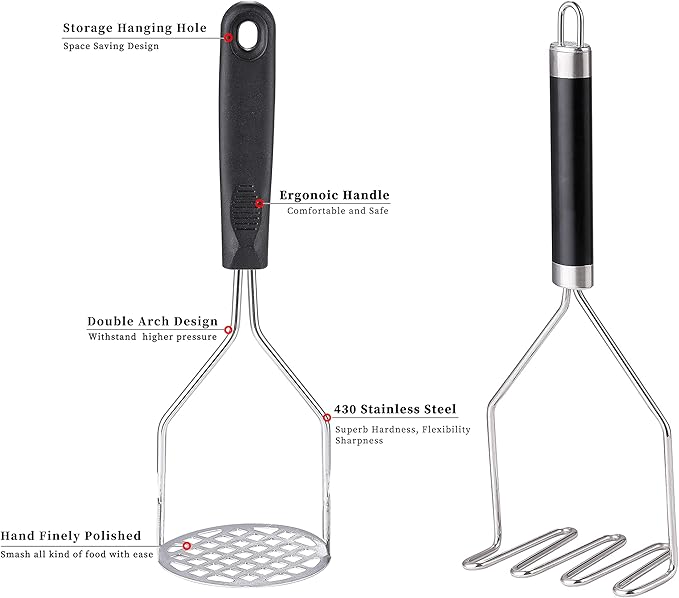 2PCS Potato Masher, OLULU Heavy Duty Stainless Steel Mashed Potatoes Masher, Masher Kitchen Tool for Avocado, Potatoes, Beans, Meat, Vegetables, 10.24inch, Dishwasher Safe