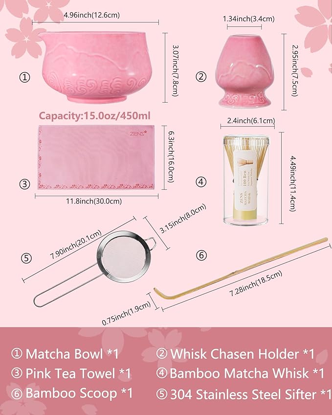ZENS Matcha Whisk Set, 6pcs Matcha Set Pink Includes 15oz Ceramic Bowl and Bamboo Whisk (Chasen Holder) Scoop, 304 Sifter & Pink Tea Mat, Japanesse Matcha Kit for Matcha Latte-Making