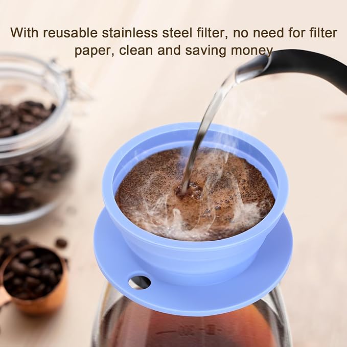 2-Packs Paperless Collapsible Travel Pour Over Coffee Dripper Kit Portable Coffee Filter - Travel Pour Over Coffee Maker Camping - Reusable Coffee Strainer Pour Over Cup (Blue+Green)