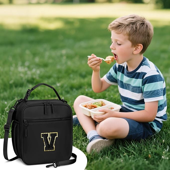 Initial Insulated Lunch Bag for Boys Kids, Back to School Gift, Reusable Leak-proof Lunch Box with Adjustable Strap for School Daycare Travel Picnic（Black，V）