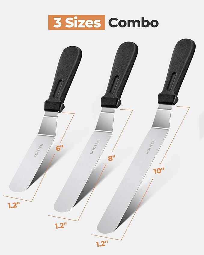 Kootek Angled Icing Spatula Set with 6", 8" & 10" Blade, Stainless Steel Offset Spatula Frosting Smoother Cake Spatulas for Cake Decorating, Baking