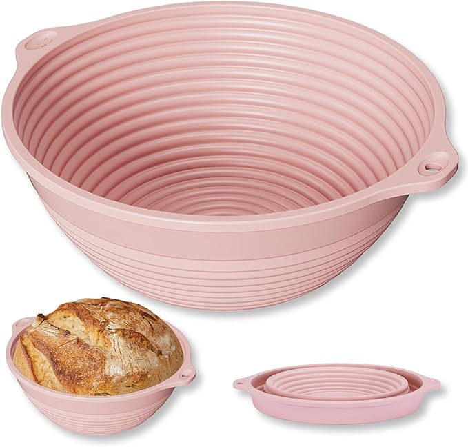 Upgraded Silicone Sourdough Bread Proofing Basket with Handles - Reinforced Rim Support, 9 Inch Non-Stick Round Dough Foldable Bowls for Sourdough Bread Baking, Oven & Dishwasher Safe-BPA Free (Pink)