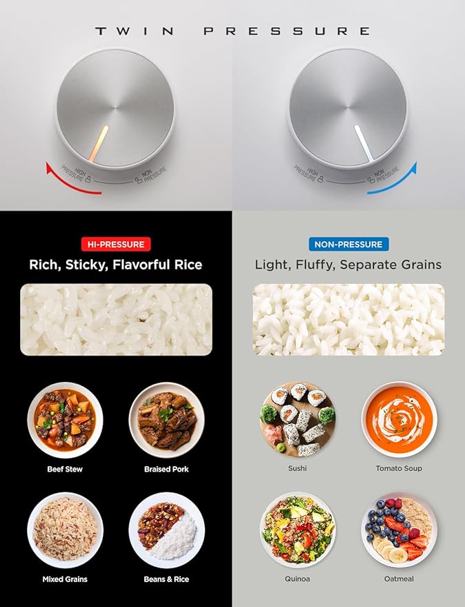 CUCKOO Twin Pressure Rice Cooker 6-Cup Uncooked / 12-Cup Cooked with Induction Heating Technology, 20 Menu Modes with Voice Guide, Versatile Rice Maker Multi-Cooker & Pressure Cooker (CRP-LHTR0609FW)