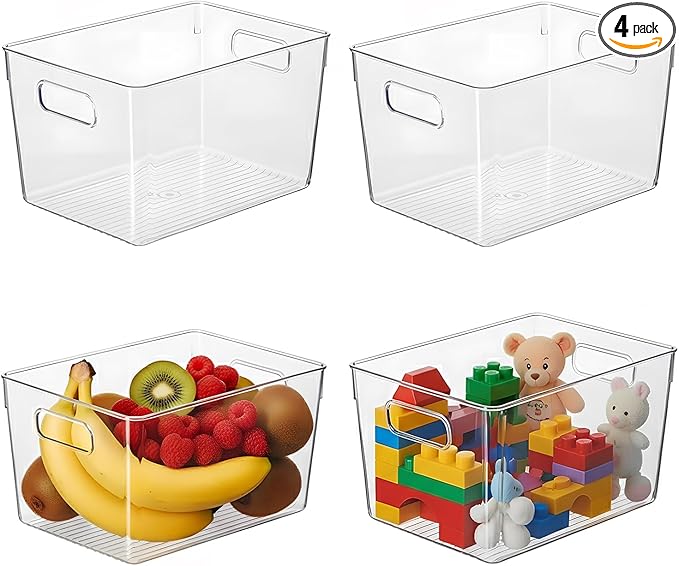Clear Pantry Organizer Bins, Plastic Organizers & Storage Containers, Cabinet Organizer, Home Organization Must Haves for Kitchen, Laundry Room, Office, Closet & Freezer (4 Pack)