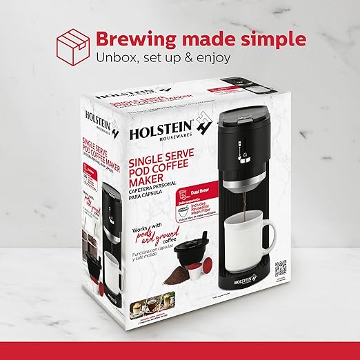 Holstein Housewares 2-in-1 Single Serve Coffee Maker, Dual Brew, Compatible with K-Cup Pods & Ground Coffee, Reusable Filter Included, Compact Drip Coffee Machine, 14oz Tank, Fits Most Cups - Black