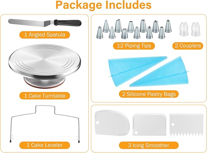 Kootek 22pcs Cake Decorating Supplies Kit, Baking Tools with 12" Aluminium Cake Turntable Rotating Cake Stand, Piping Bags and Tips Set, Icing Spatula, Cake Leveler, 3 Icing Scrapers for Mother's Day