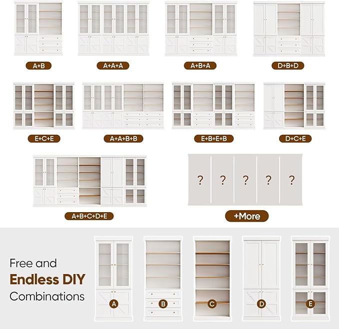 70.8" Tall Farmhouse Kitchen Pantry Cabinet with Glass Doors, Modular Storage Cabinet with 6-Tier Adjustable Shelves, White, Wooden Hutch for Kitchen, Living Room