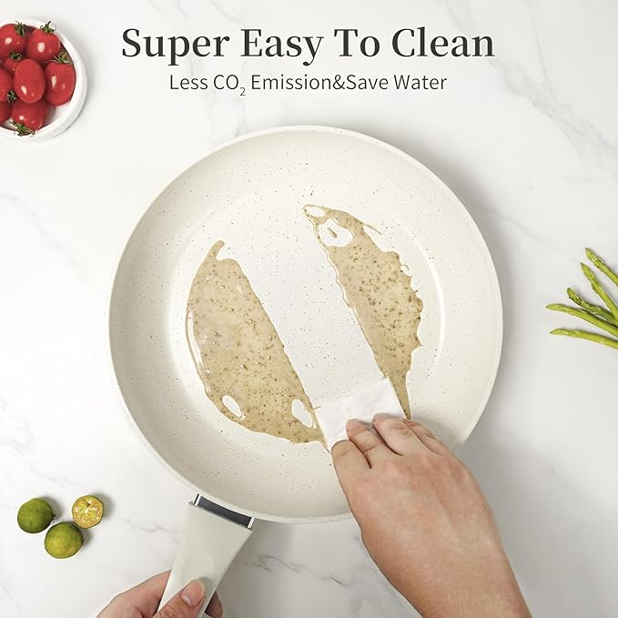Ceramic Nonstick Frying Pan Set - White Pans With Lids, Induction Skillets for Eggs & Omelets, Healthy No Toxic Cookware, PFOA&PFAS Free