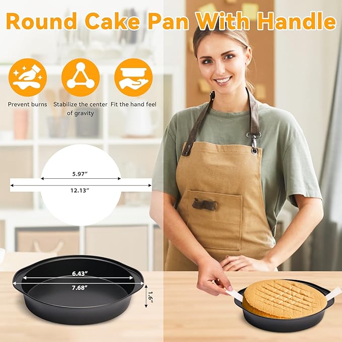 6 Inch Cake Pan - 3PCS Nonstick Round Cake Pans with 100 PCS Parchment Paper, Carbon Steel Smash Cake Baking Pans with Handle, Dishwasher Safe