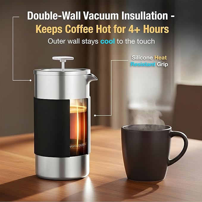 Camping French Press Coffee Maker Set - 12 oz | Portable Travel French Press Coffee Maker | Double Wall Insulated with Dual Stainless Filters & 2 Steel Canisters for Grounds, Tea, Creamer & Sugar