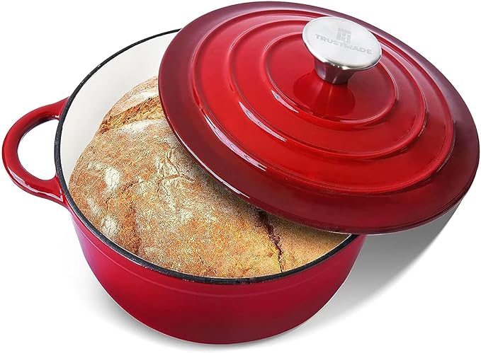 Trustmade 4.5 QT Cast Iron Dutch Oven, Enamel Coated Cookware Pot with Self Basting Lid for Home Baking, Braiser, Cooking, Red
