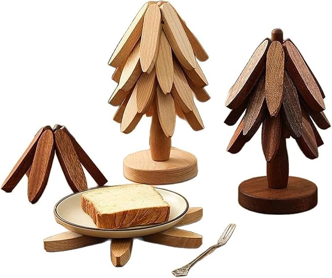 Natural Wood Tree Trivet Set, 𝐍atural Tree Trivet Set - 4 Wooden Trivets,4 Wooden 𝐓rivets & 1 Stand Like a Christmas Trees,for Hot Dish,Pot,Bowl,Teapot,Hot Pot Sets (2Color 4 Trivets,2set)
