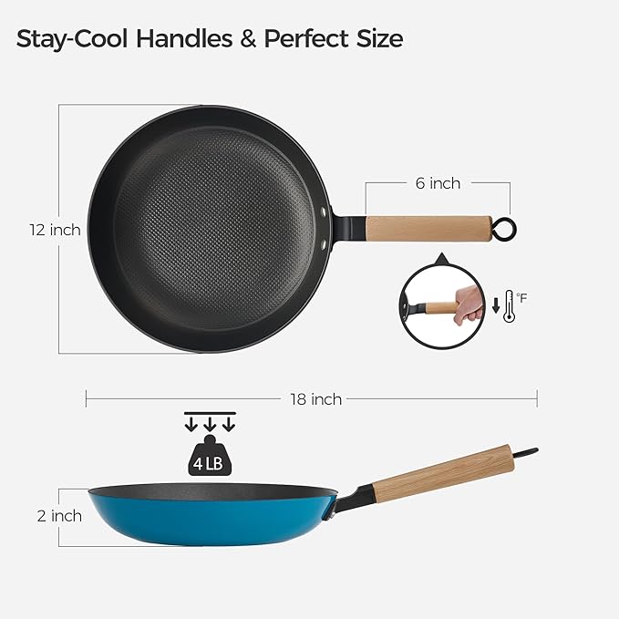 YUTANN 12" Non-stick Cast Iron Skillet,Enameled Pre-seasoned Frying Pan with Detachable Wooden Handle,Lightweight,Non-toxic,Dishwasher Oven Safe (500°F)