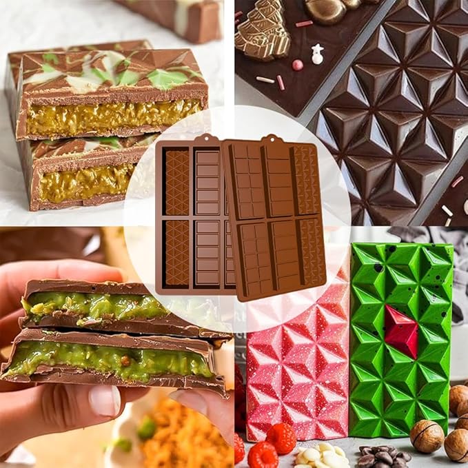 Deep Chocolate Bar Molds, 2 Pack Candy Bar Silicone Molds, Non-Stick 6 Cavities Thick Silicone Dubai Kunafa Pistachio Kit for Filling Chocolate Bar with Scraper