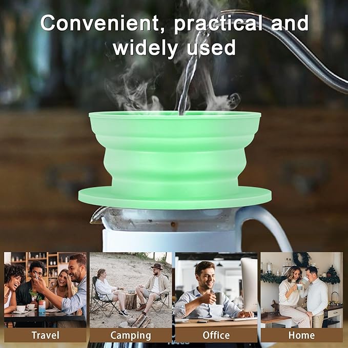 Collapsible Travel Pour Over Coffee Maker Camping, Paperless Silicone Collapsible Pour Over Coffee Dripper with Metal Coffee Filter, Portable Coffee Strainer Pour Over Cup Single Serve (Green)