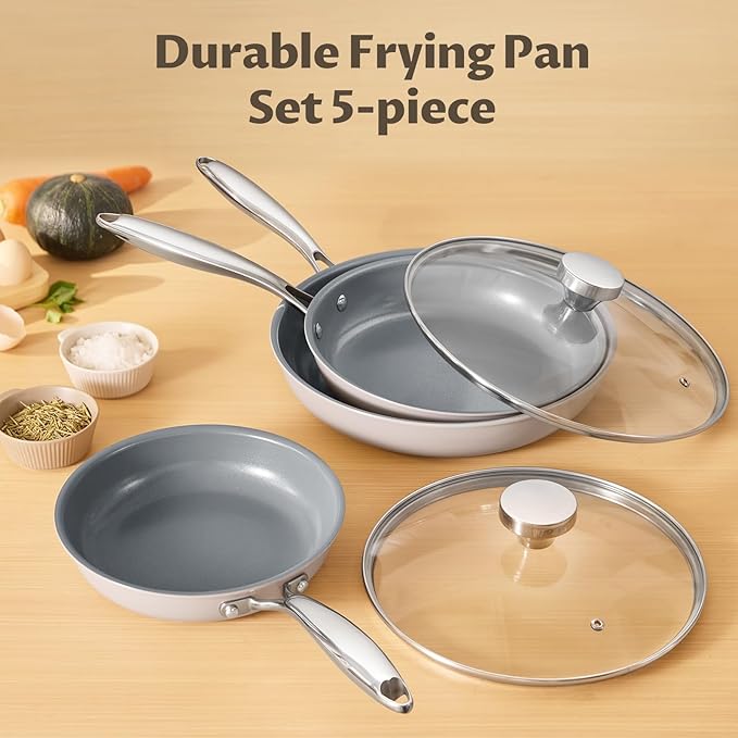 Nonstick Frying Pan Set with Lids, Induction Cookware with Molecular-bonded Induction Base, Nonstick Ceramic Coating Free of PTFE, 8" 10" 11" Non Stick Skillet, Compatible with All Stovetops
