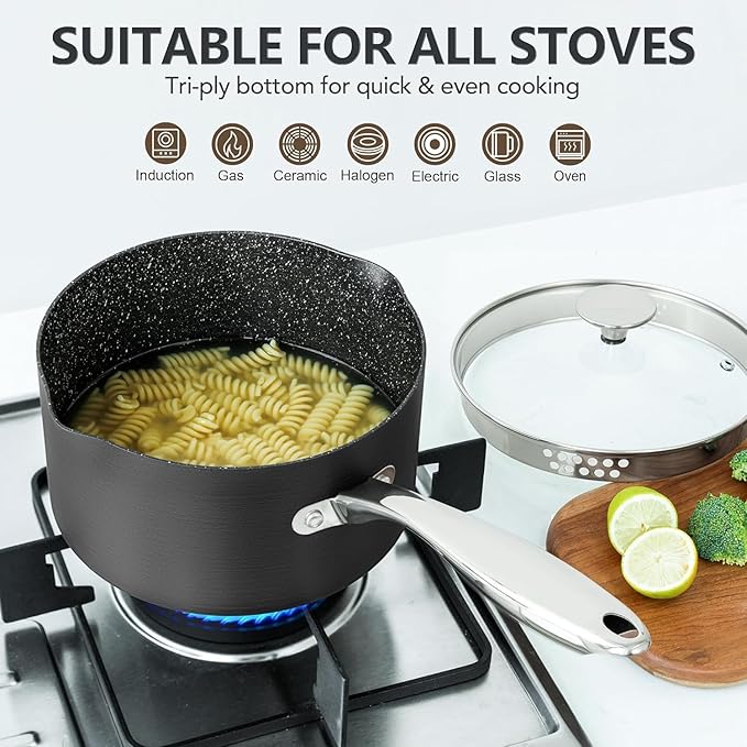 MICHELANGELO 3 Quart Saucepan with Lid, Hard Anodized Nonstick Sauce Pan with Strainer Lid & Pour Spouts for Easy Pour, Granite Derived Coating Sauce Pan for Cooking, Small Pot - 3 Qt Saucepan