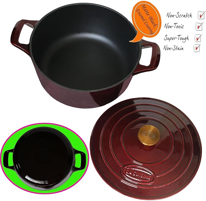 La Cuisine Enameled Cast Iron Dutch Oven Casserole Pot with Lid 6.5 QT 11" /28cm Dia. Internal Matte Black Enamel Coating Gold-Plated SS Lid Handle Oven Safe up to 500° F for bread baking, Cranberry