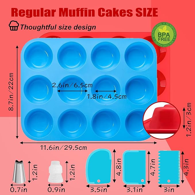 12 Cup Silicone Muffin Pan，Regular Size Cupcake Pan Great for Making Muffin Cakes, Bread, Tart - Piping Bags and Tips Set，Silicone Baking Cups-2 Pack