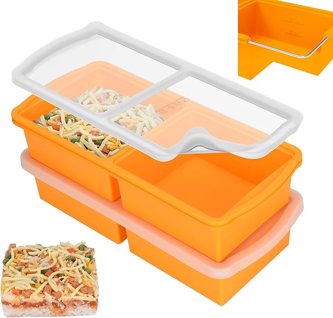 Silicone Freezer Trays with Lid,2-cup Soup Freezer Container large Ice Cube Molds with Reinforced Steel Ring Top for freezing Soup Sauce Broth Leftovers oven Dishwasher -Safe (yellow)