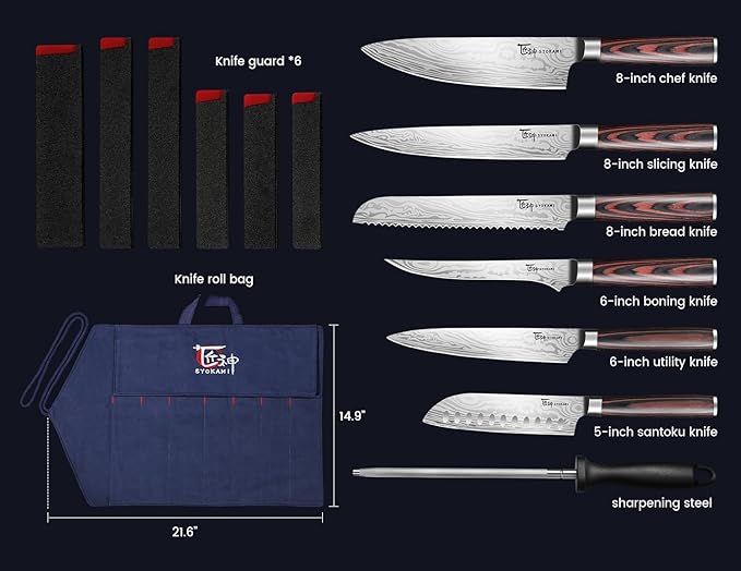 14pcs Chef Knife Set with Roll Bag, Professional Stainless Steel Japanese Knife Set with Pakkawood Handle for Professional Chef, Camping, Travel, BBQ, RV or Gift Blue