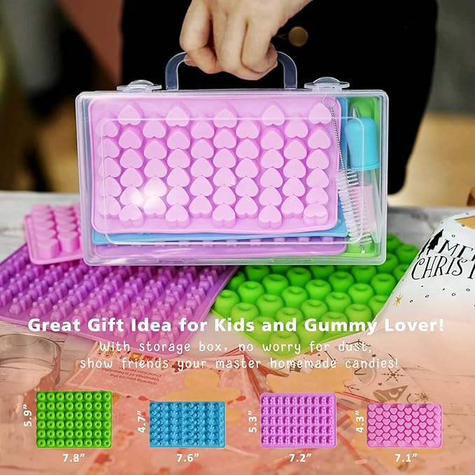 HKNMTT Gummy Bear Molds Silicone with Storage Box, Non-stick Chocolate candy Gummy Mold for Kid with 2 Droppers and Clean Brush Including Mini Dinosaur, Bear, Hearts and Mini Donut Shape 201 Cavities