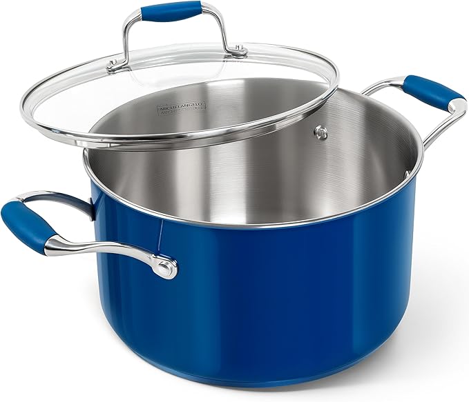 MICHELANGELO Stainless Steel Stock Pots - Induction Soup Pot with Lid, 6 Qt Non-Toxic Cooking Pot, Oven & Dishwasher Safe, Blue Exterior
