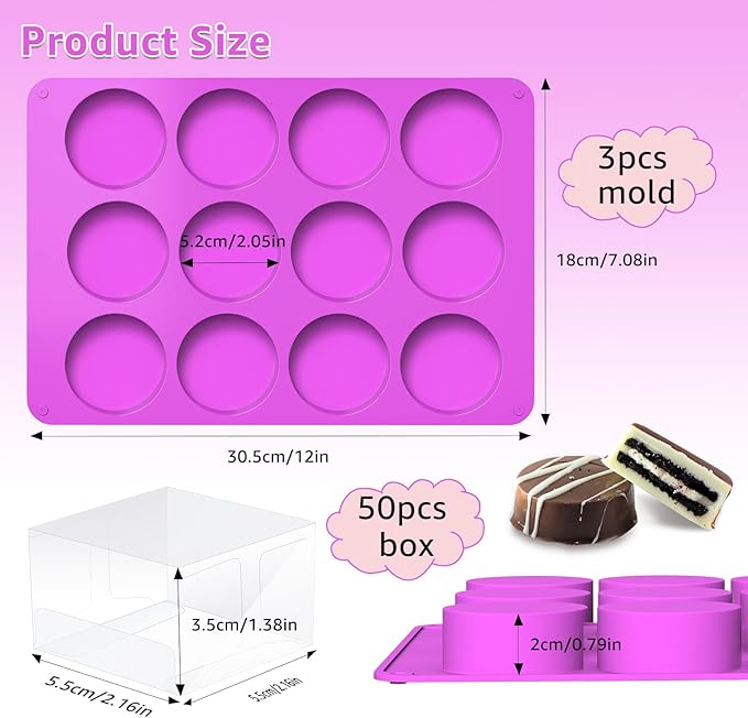 MGWOTH Chocolate Covered Mold Set: 3PCS Silicone Cookie Mold with 50 Clear Treat Boxes, Round Baking Mold for Oreos,Candy, Rice Crispy, Mini Cake, Individually Wrapped Cakesicle Party Favor Packaging