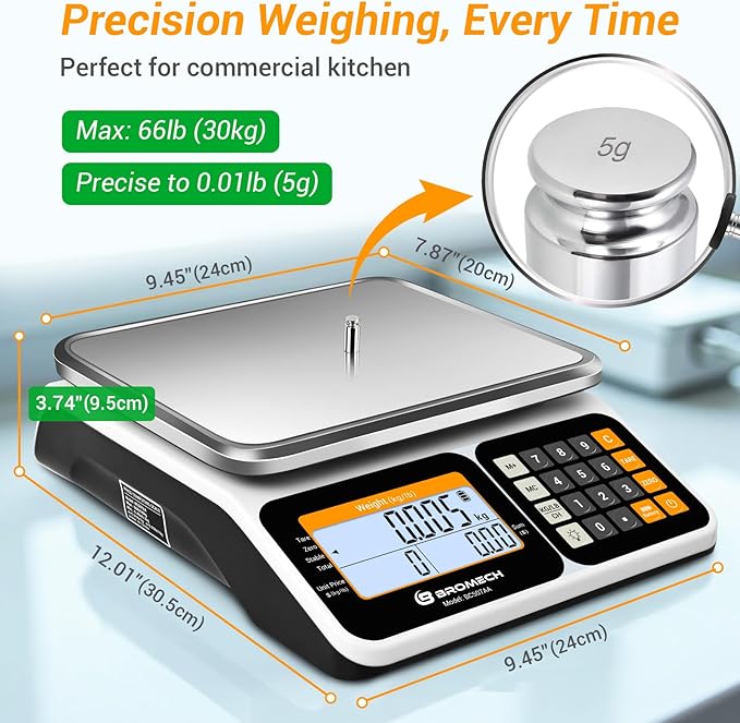 Commercial Kitchen Scale 66LB/30KG, Dual Upgrade LCD Display, Digital Price Computing, 5g Precision, Stainless Steel Pan for Produce, Meat, Food, Ideal for Farmers Market, Deli, Retail Outlets