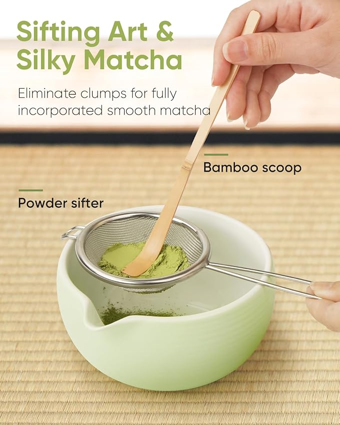 Traditional Matcha Starter Set, Bamboo Whisk (Chasen), Scoop (Chashaku), Stainless Steel Sifter, Basic Matcha Tea Making Kit