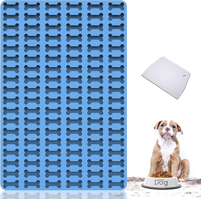 Dog Treats Molds, 108 Cavities Mini Dog Bone Shape Silicone Mold for Baking and Freezing Dog Food/Snacks/Biscuits/Candy/Chocolate for Small and Medium Dogs (with a Scraper)