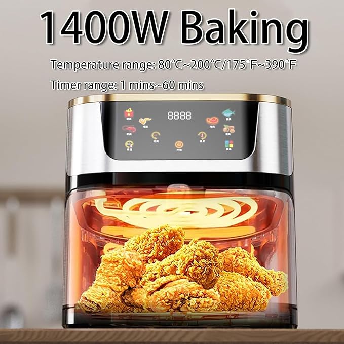 AK Air Fryer 10L Large Capacity Digital Touchscreen – Family Size Oil-Free Hot Air Fryer with 1400W Power, 360° Surround Heating, Healthy Low-Fat Cooking Appliance, ABS+PP+Stainless Steel Body