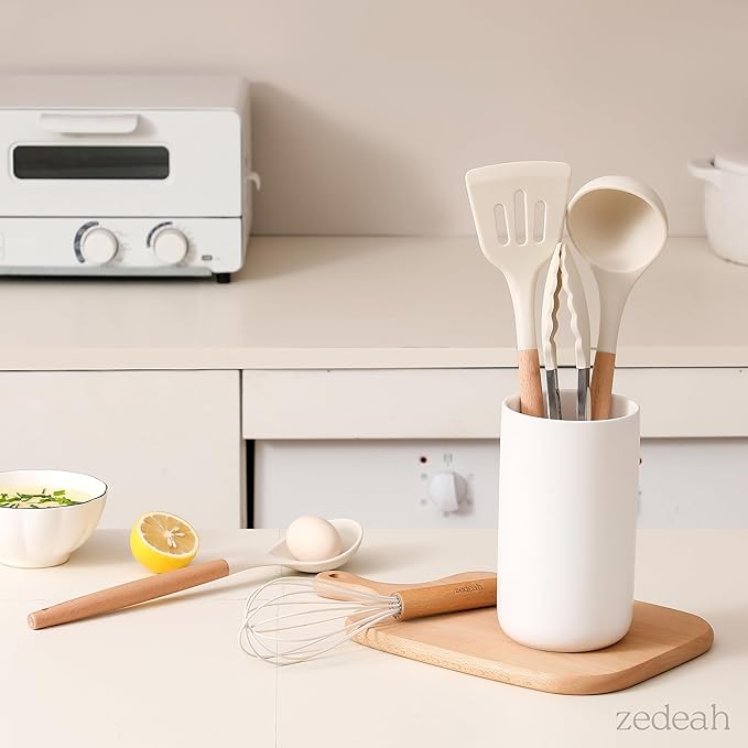 11-Piece Silicone Kitchen Utensils Set with Non Toxic Spatula, Tongs, Whisk, Turner & Ladle – Heat Resistant, Non-Scratch Cooking Tools with Wooden Handles, BPA-Free, Dishwasher Safe (Beige)
