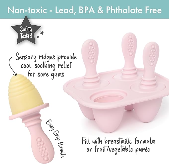 PrimaStella Silicone Petite Pops - Baby Popsicle Mold - BPA Free - Dishwasher Safe - 4 months+ (Dusty Rose Teether Pops)