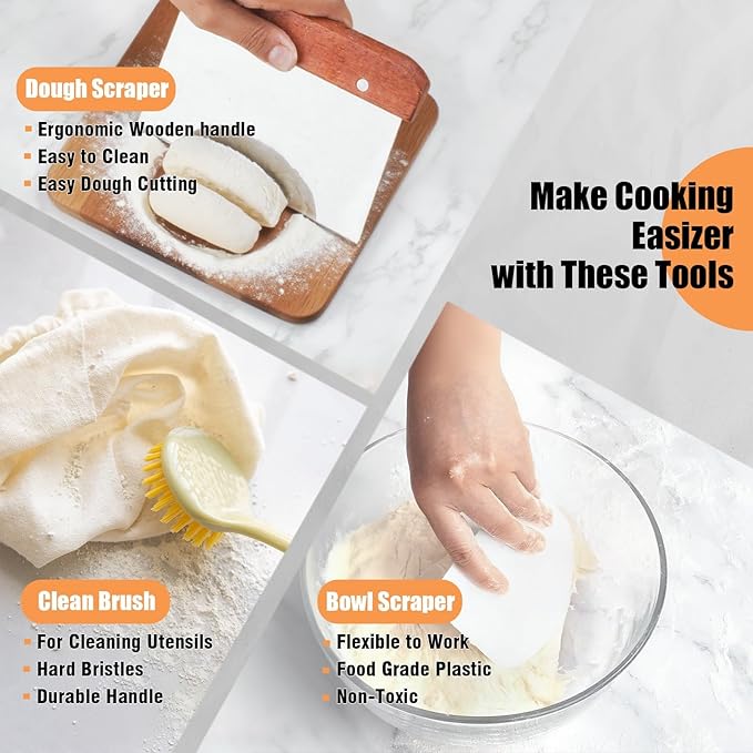 Sourdough Starter Kit With 7.5" Round & Oval Banneton Bread Proofing Basket, Complete Sourdough Bread Baking Supplies, Bread Making Kit With Storage Bag, Gift For Beginner Baker
