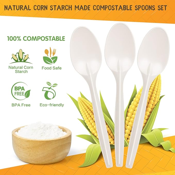 Gezond Compostable Spoons 150 Pack 6.7 Inch Disposable Spoons No Plastic Biodegradable Cutlery Set Heavy-duty for Party Wedding Camping Office Picnic
