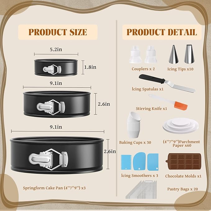 131Pcs Springform Pan Cake Pan Sets for Baking Non-Stick Cake Decorating Kit (4, 7, 9 Inch), Piping Bags and Tips Cheesecake Bakeware Baking Tools Parchment Paper & Manual