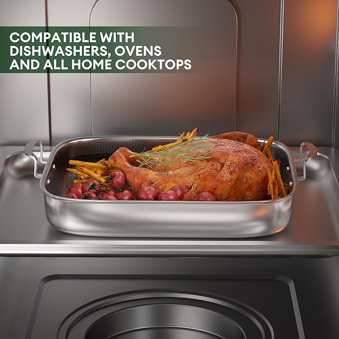 COOKER KING Stainless Steel Nonstick Roasting Pan with Rack, Roaster Turkey Pan Dishwasher and Oven Safe, Compatible with All Cooktops (Rectangular, Large)