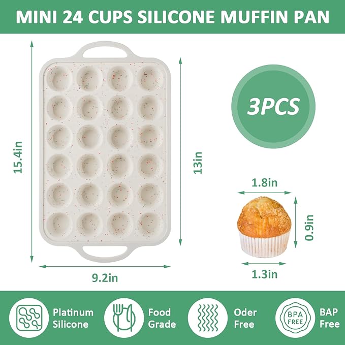 RHBLME 3 Pack Mini Muffin Silicone Molds, Metal Reinforced Frame Cupcake Pans 24 Cups Mini Muffin Pan, Nonstick Silicone Muffin Pan with Handle for Baking Muffins Egg Bites Cupcakes