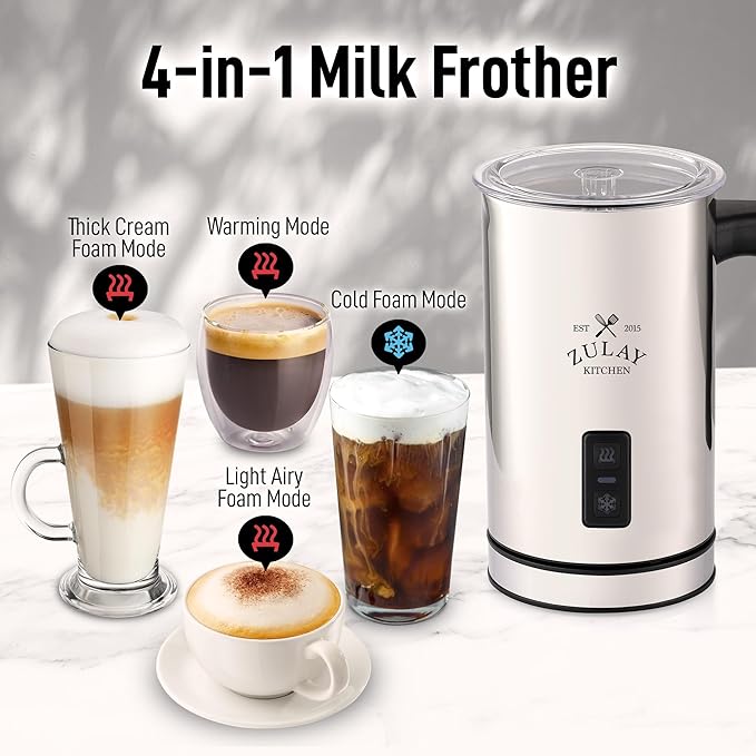 Zulay 4-in-1 Milk Frother & Steamer – Hot & Cold Foam Maker, Milk Warmer & Chocolate Stir – Automatic Temp Control, Nonstick Double-Wall Stainless Steel Jug, Auto Shut Off, 360° Base – Aero Silver