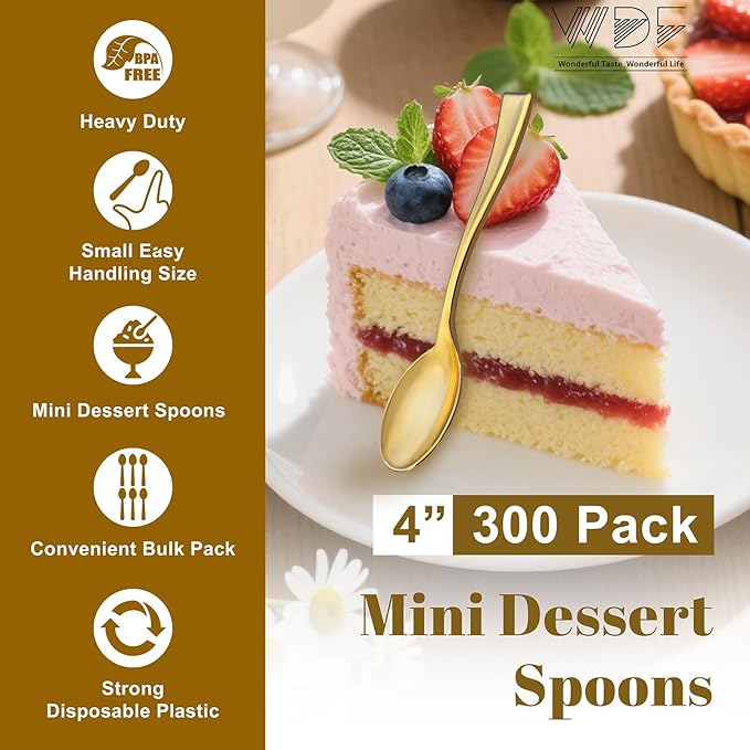 WDF 300PCS Plastic Gold Mini Spoons - 4 Inches Gold Plastic Desserts Spoons, Heavy Duty Disposable Spoons Perfect for Coffee, Cake, Appetizers,Ice Cream,Wedding,Thanksgiving